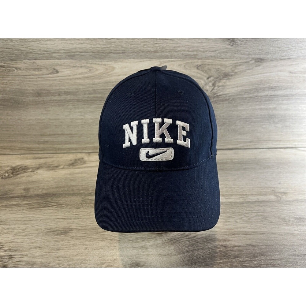 Vintage 90's Nike Swoosh Spellout Strapback Hat Navy Blue Embroidered NWT NOS‎